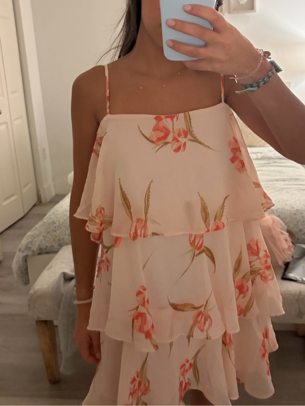 a new day Cream Tiered Mini Dress with Pink Floral Print